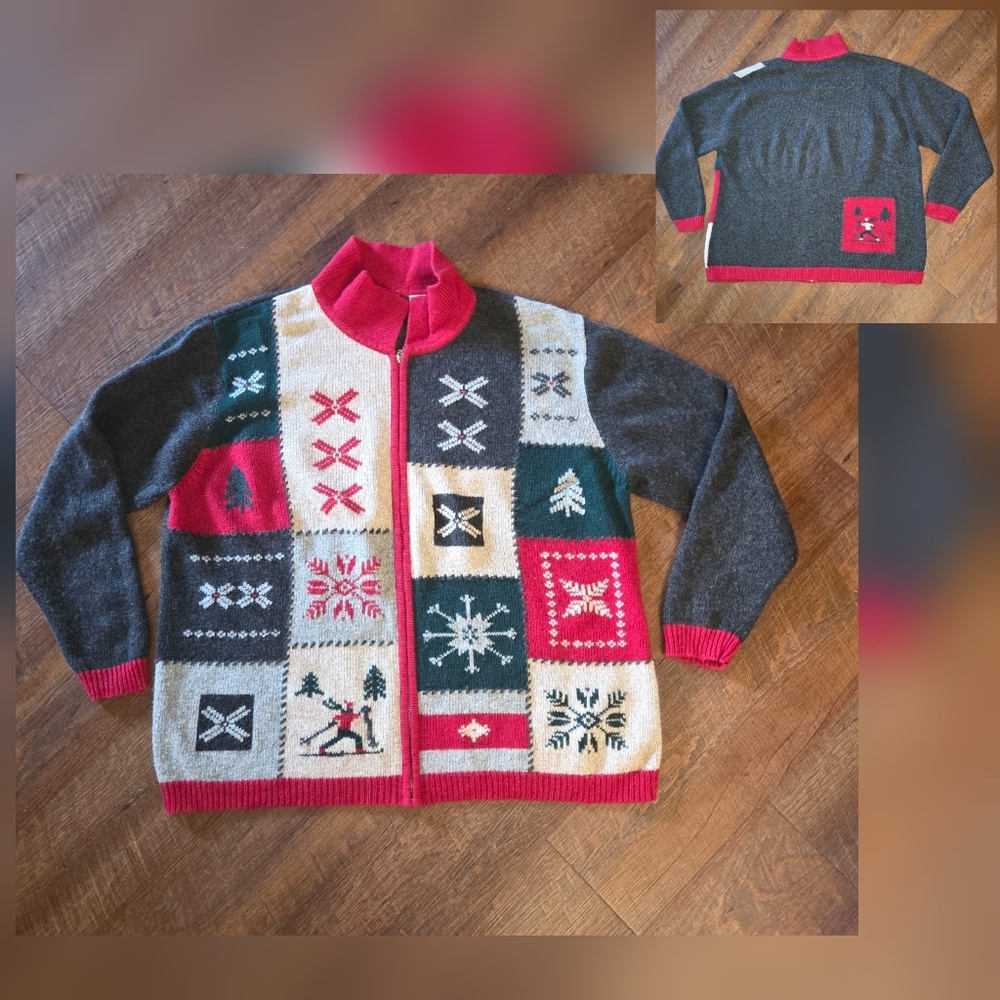 VTG Nordic Style Sweater Skiier Snowflake Block Holiday Cottage Core Christmas